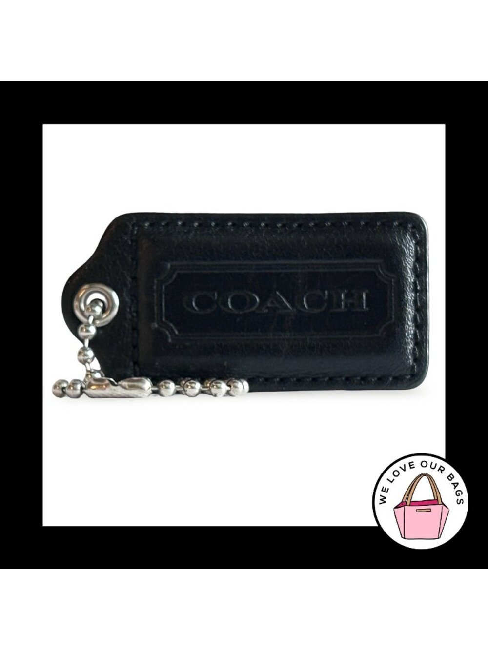 COACH HANG TAG 2.5" Black Smooth Leather Bag Charm Keychain Fob Nickel Large